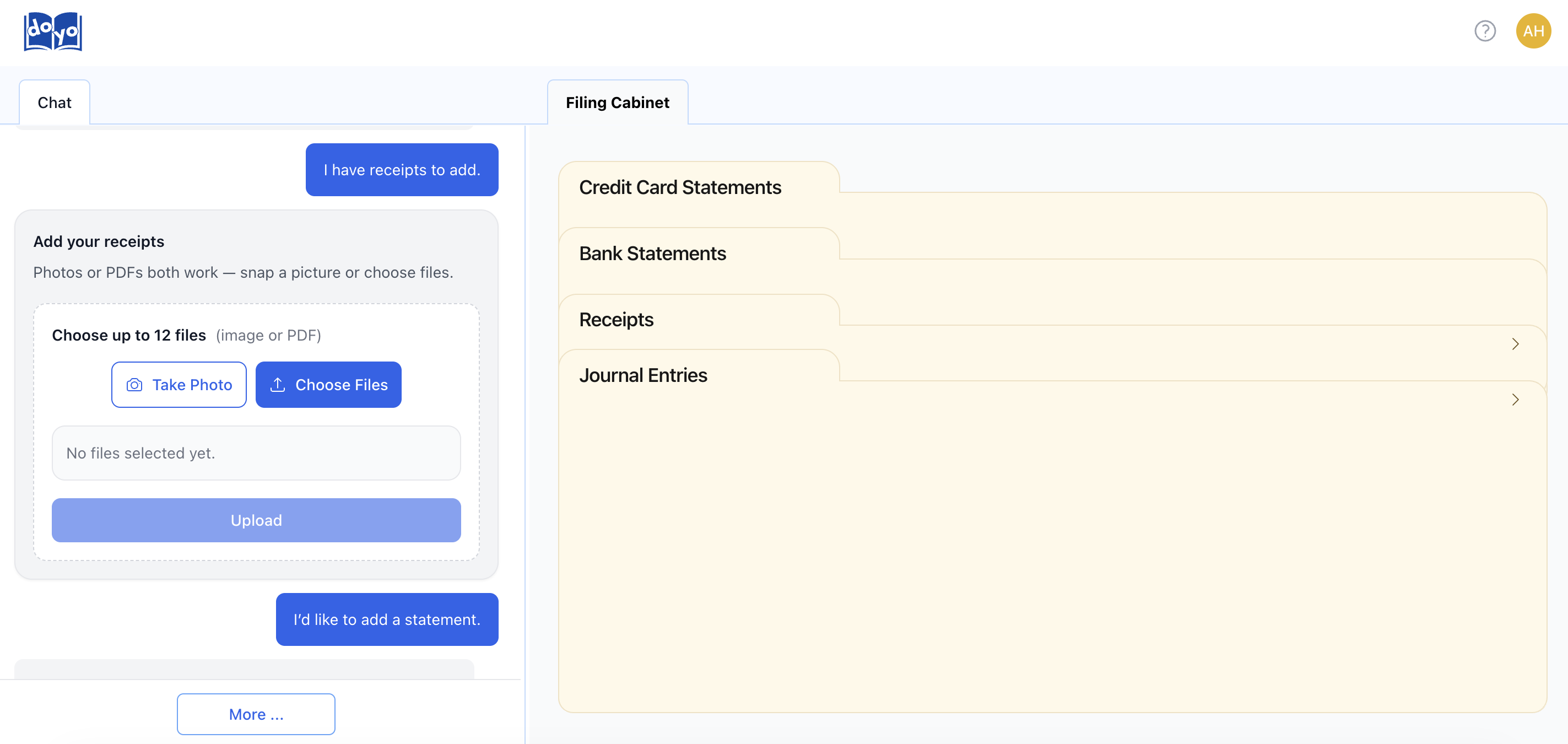 DoYoBooks dashboard showing the chat assistant and filing cabinet on one screen